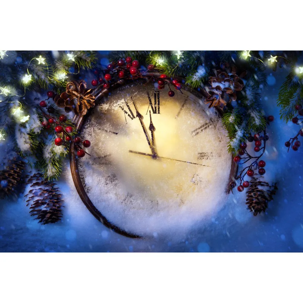 Fondos fotográficos personalizados de Navidad, Año Nuevo, reloj de nieve, conos de pino Acebo, decoración del hogar, estudio, fotomatón