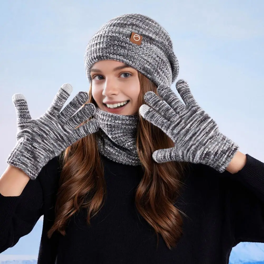 3Pcs/Set Winter Hat Scarf Gloves Set Thickened Velvet Lining Colorful Elastic Fit Knitting Hat Neck Warmer Gloves Set With Neck