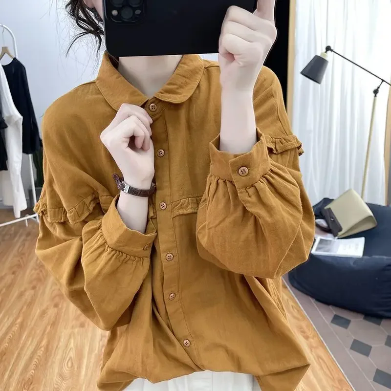 Shirts Women Vintage Lapel M-3XL Office Lady Ulzzang Sweet Designed BF Chic Literary New Lantern Sleeve Harajuku Camisas Popular