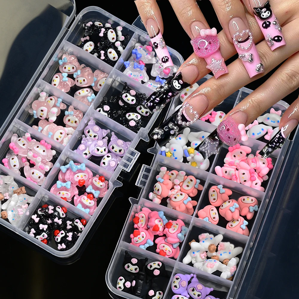 

50pcs/Box Mixed Kuromi My Melody Nail Accessories 3D Cute Transparent Resin Cartoon Japanese Anime Characters DIY Manicure Decor