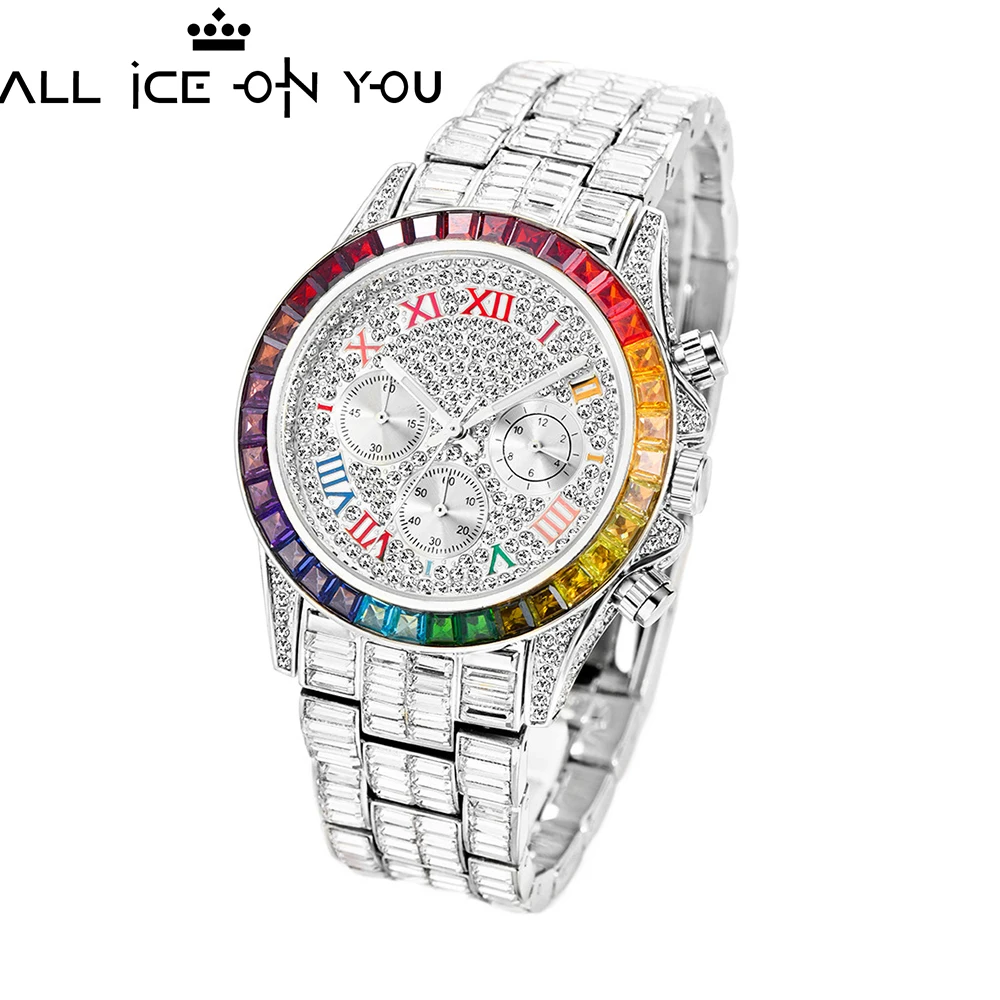 2022 New Colorful 3 Eyes Men Roman Numerals Watches Bracelet Stainless steel Luxury Top Brand  Fashion Iced Out Wristwatches