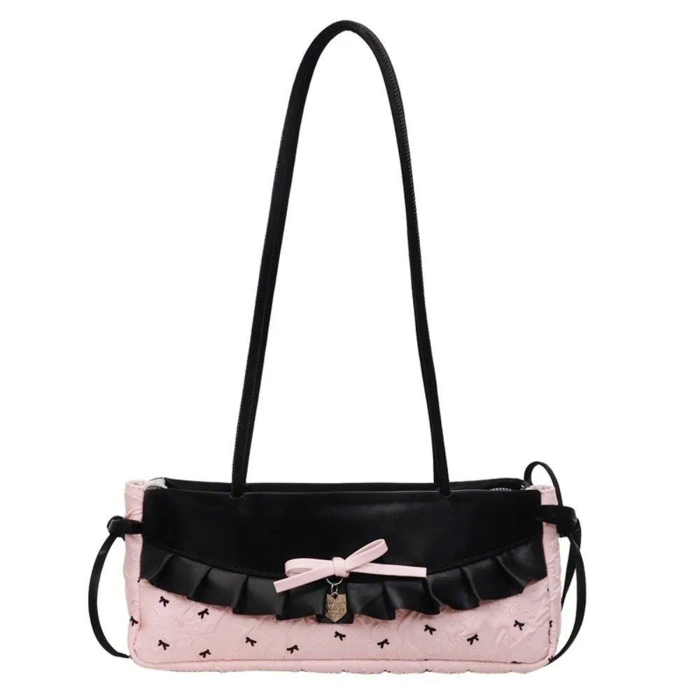 

Shopping Sweet French Stick Handbag Black Denim Blue Plaid Bow Shoulder Bag Ribbon Contrast Color Cloth Underarm Bags School