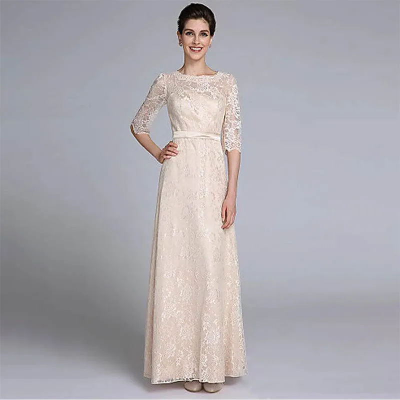 Delicate Champagne Mermaid Half Sleeve Mother of the Bride Dress Lace  Long  A-Line Floor-Length Formal Wedding Party Gown