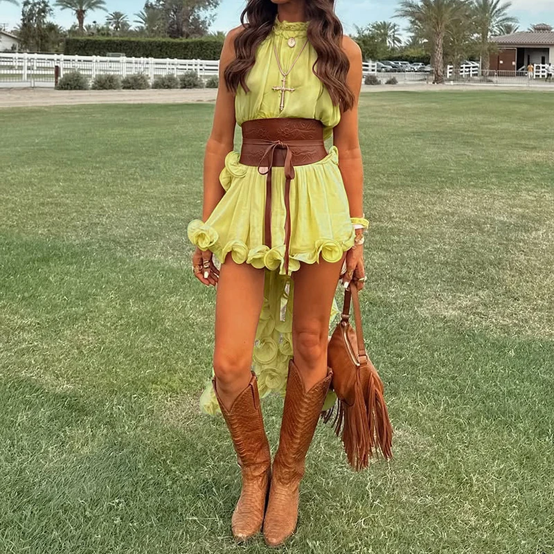 

Cowboy Style Solid Color Chiffon 2 Piece Casual O Neck Sleeveless Irregular Tank Tops&Mini Skirts Sets Fashion Ruffles Loose Set