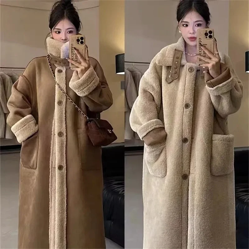 Autumn Winter New Thickened Long Double Sided Wear Lamb Fur Coat High-quality Women Suede Fabric Motorcycle Overcoat Fur Jacket