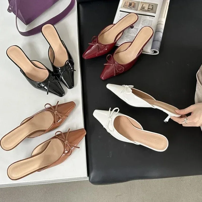 

Fashion Butterfly-Knot Ladies Thin Heels Shoes Pointed Toe Pumps Slides Footwear Women Medium Heels Female Slippers Mules Smooth