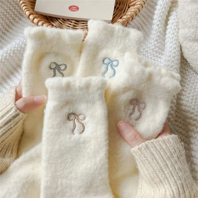 Damskie skarpety jesienno-zimowe, grube, z aksamitu norek, z kokardą, ciepłe skarpety zimowe.