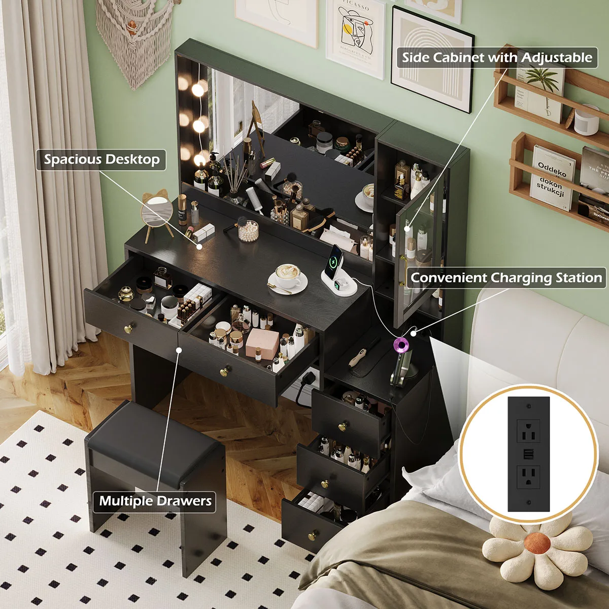 Makeup Vanity Desk with Mirror and 3-Color Lights, Makeup Desk with 5 Drawers & Cabinet, Black, White and Pink