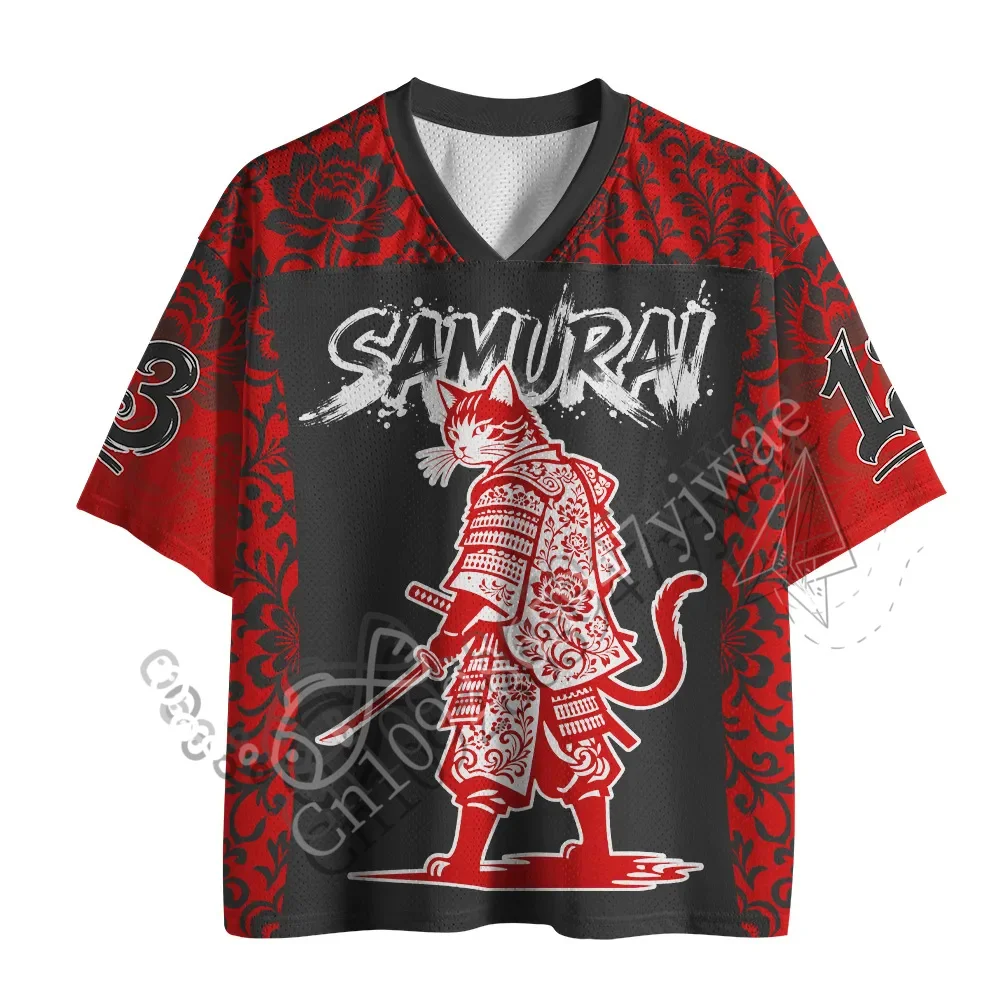 Flower Cat Japanese Samurai Lucky Daruma Painting Tabby Cat Cherry Blossom Mesh Jersey Y2K Streetwear Top Parent Child T-shirt