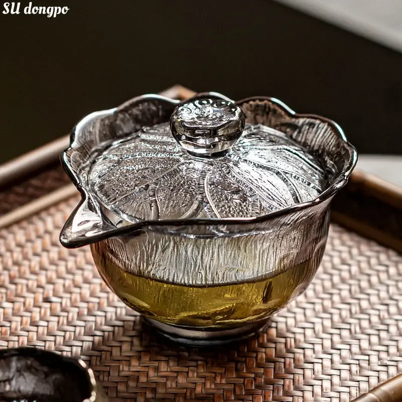 

Smoky Gray Heat-resistant Glass Lotus Cap Gaiwan Er Cai Tea Tureen Kungfu Tea Set Small Fresh Household Simple Hand Holding Pot