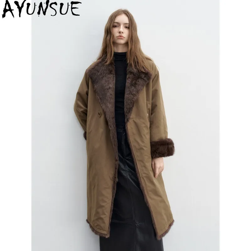 AYUNSUE Natural Rabbit Fur Coat Women Real Fur Winter Clothes Reversible Long Trench Coat for Woman Fashion Loose Fit Abrigos
