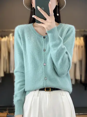 Aliselect 여성 카디건 슈퍼 따뜻한 순수 밍크 캐시미어 스웨터 오-넥 느슨한 여성 의류 숙녀 솔리드 컬러 니트 탑