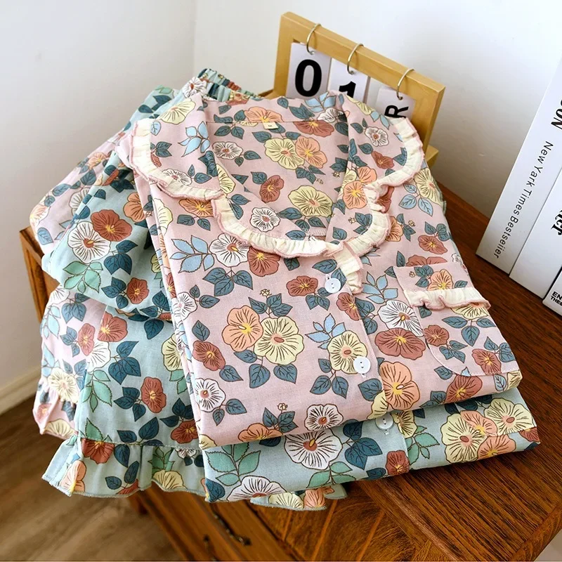 Pajama Sets Turn-down Collar Long Sleeve Women Spring Floral Printed Thin Kawaii Trendy Womens 2Pcs Kimono Pyjamas Elegant