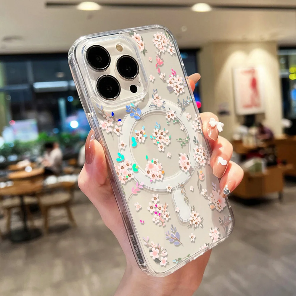 Coque de téléphone transparente à motif floral pour iPhone 17 Air, 16, 14, 15, 11, 12, 13 Pro Max, 15, 14, 16 Plus, 15 Pro, 16E, 17E, compatible avec la recharge sans fil