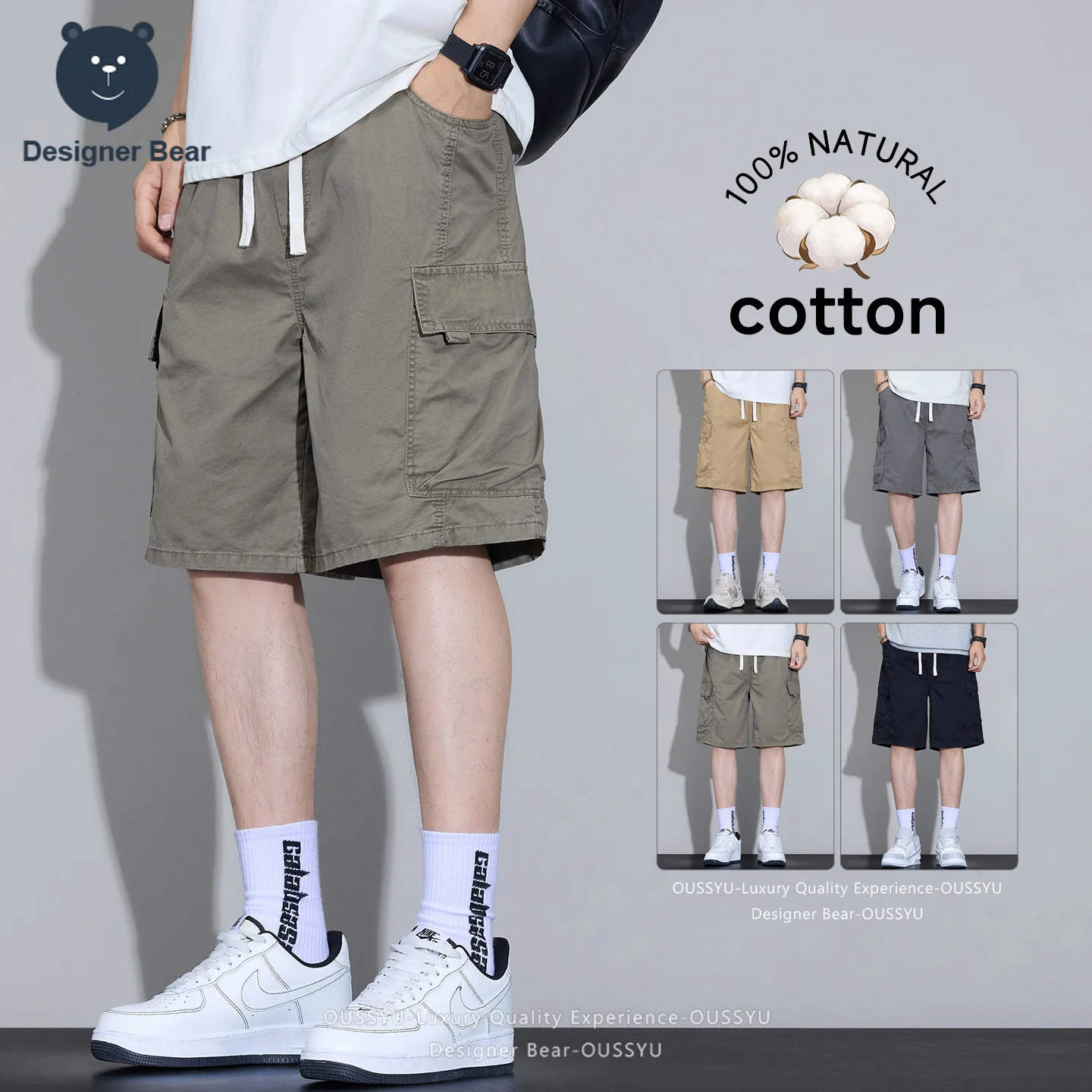 High Quality Summer Breathable Pure Cotton Cargo Shorts Men Multi-pocket Loose Fit Casual Mid Knee Pants Comfortable Streetwear