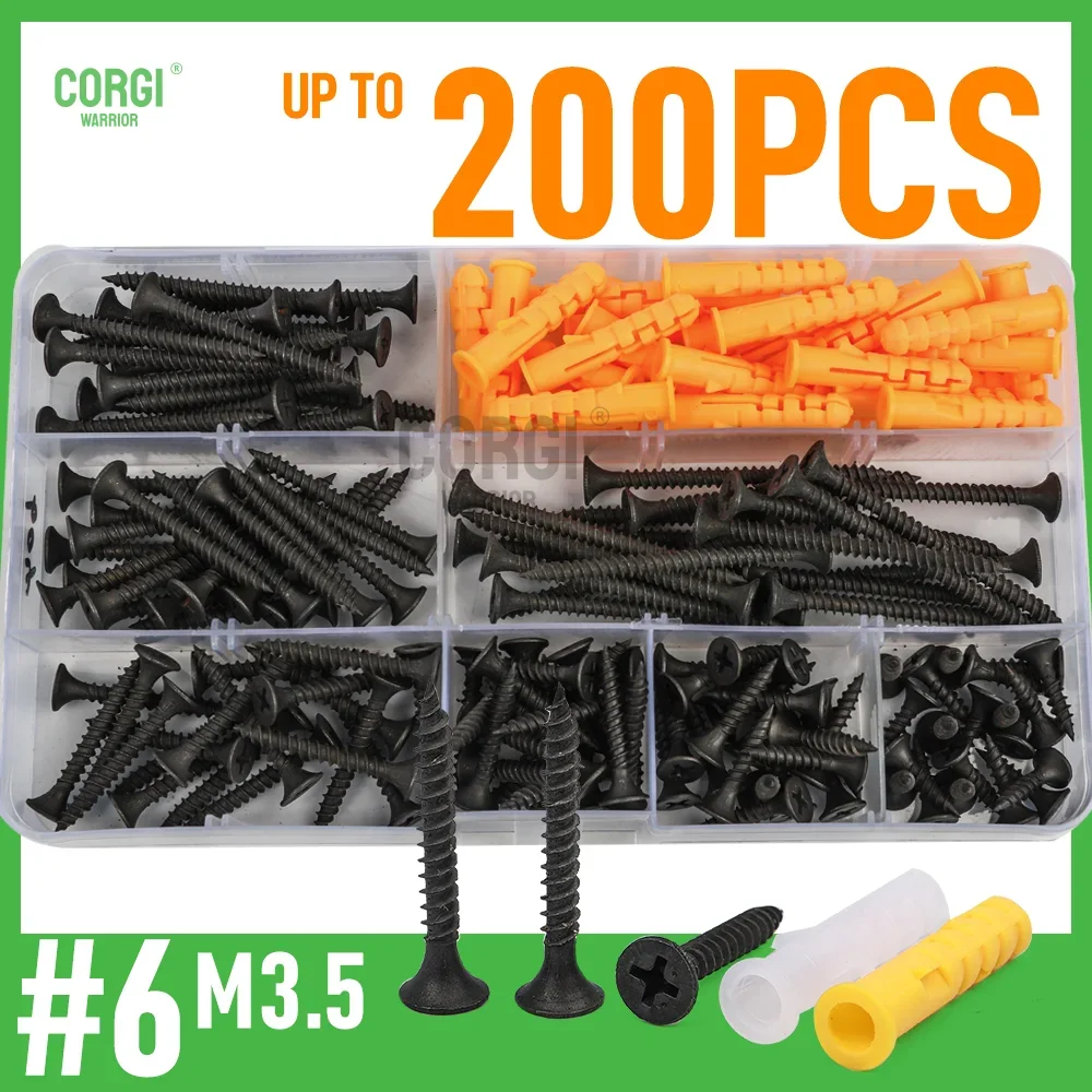 Up to 200 M3.5 #6 Drywall Screws Assortment Kit 7 Sizes High Hardness Self-Tapping Phillips Black Wood Screws 16-50 mm Anchors