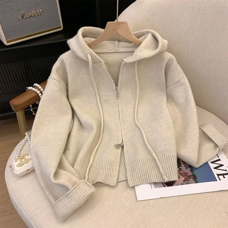 Korean casual drawstring hooded knitted women cardigan autumn/winter retro soft sweater top