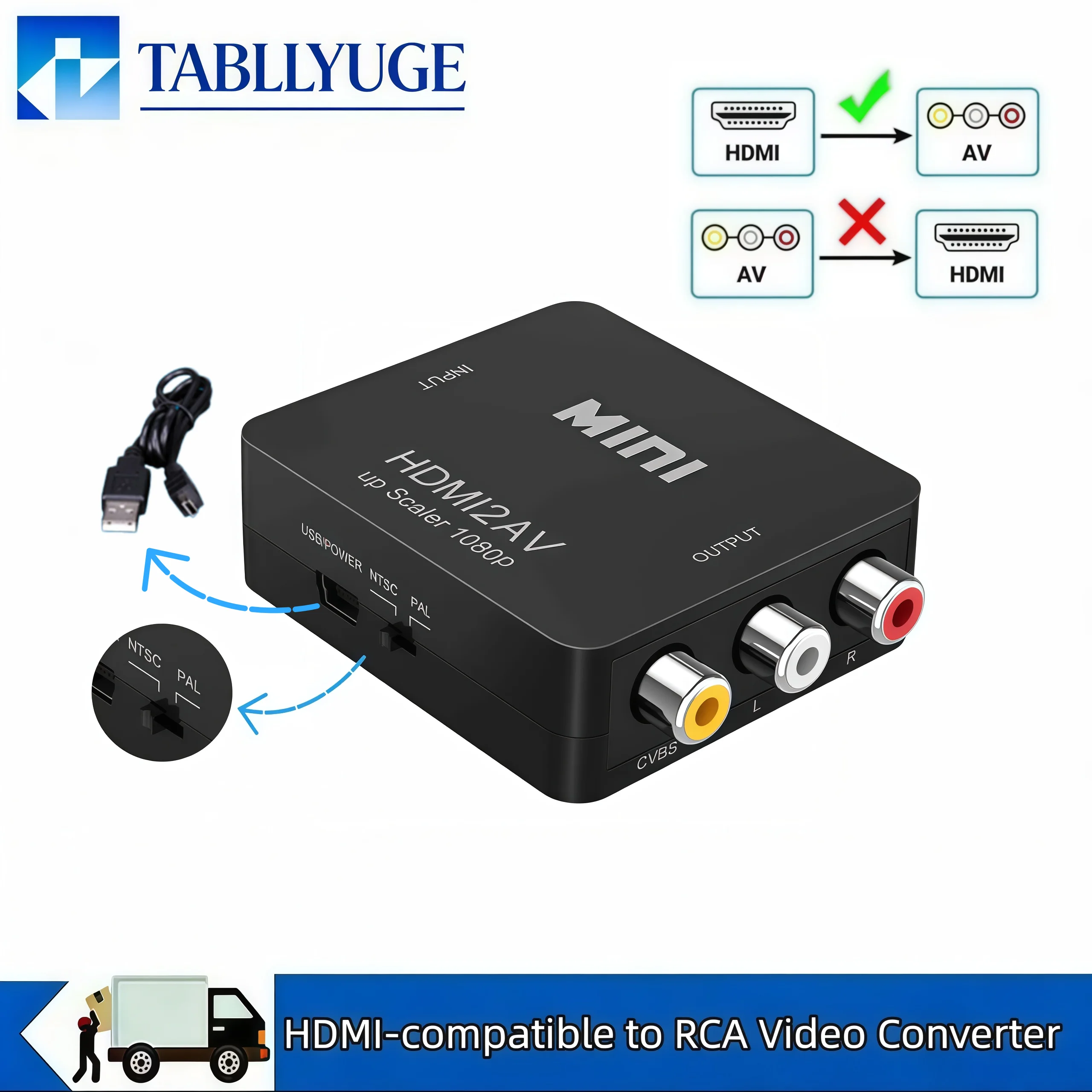 Convertidor HDMI a AV RCA, Adaptador 1080P con Cable USB, Compatible con NTSC y PAL para PC, HDTV y Proyector
