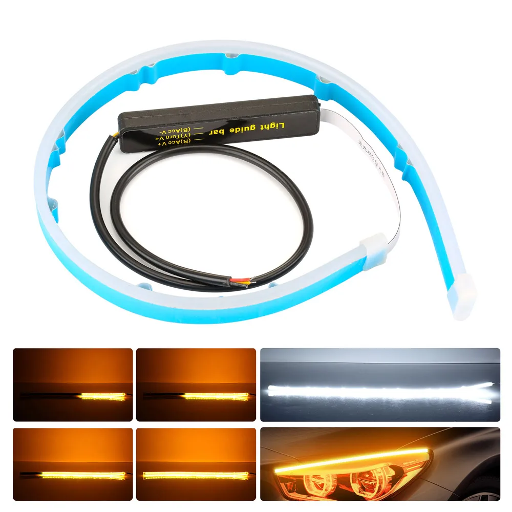 2pcs Car LED DRL Strip Daytime Running Lights Turn Signal Bulb Flexible Waterproof 30 45 60cm White Yellow Brake Flow Lamp