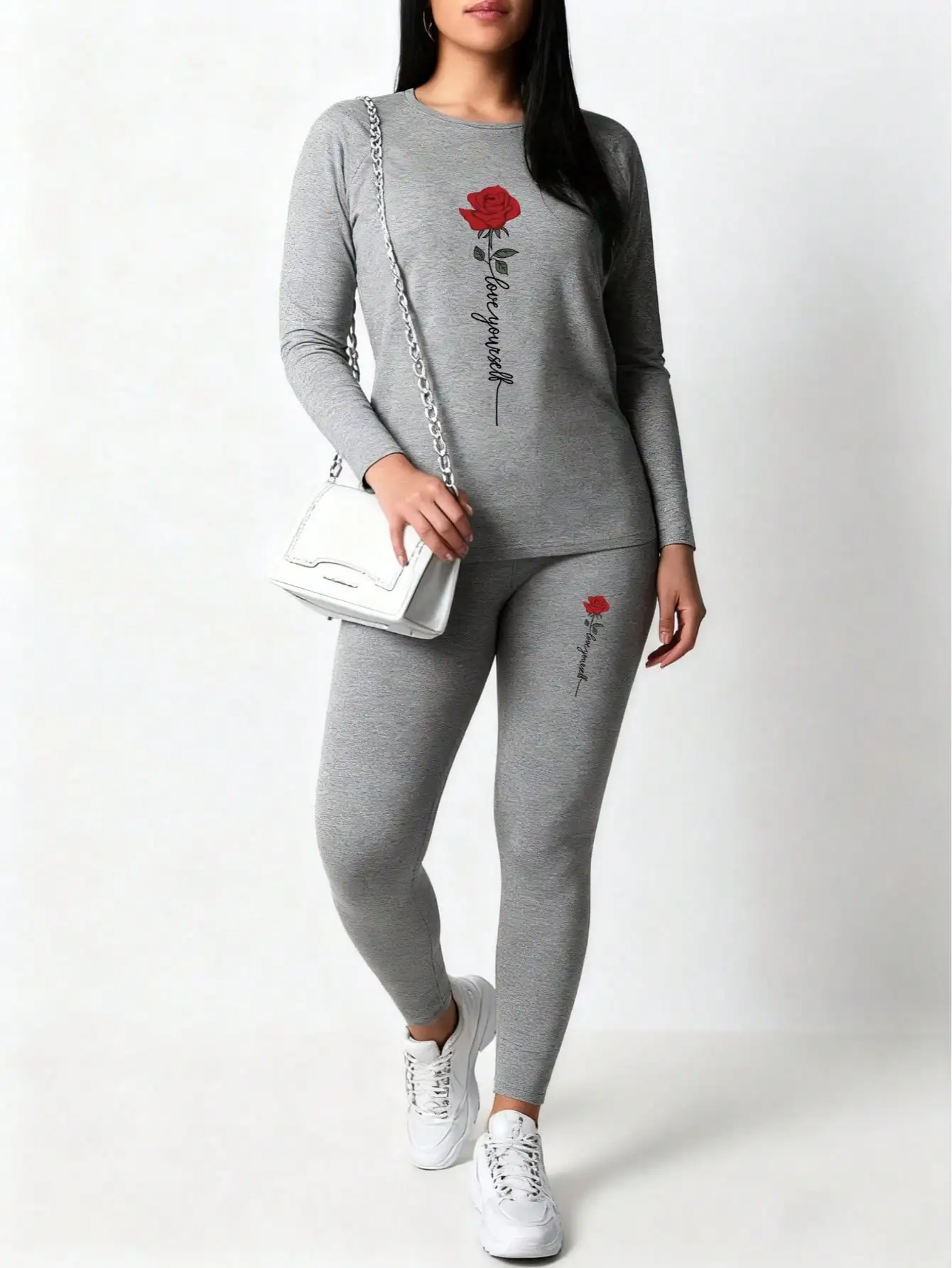 2026 Women's Casual Elegant Rose Printed Two Piece Solid Color Round Neck Long Sleeve T-shirt and Solid Color Printed Pants Set