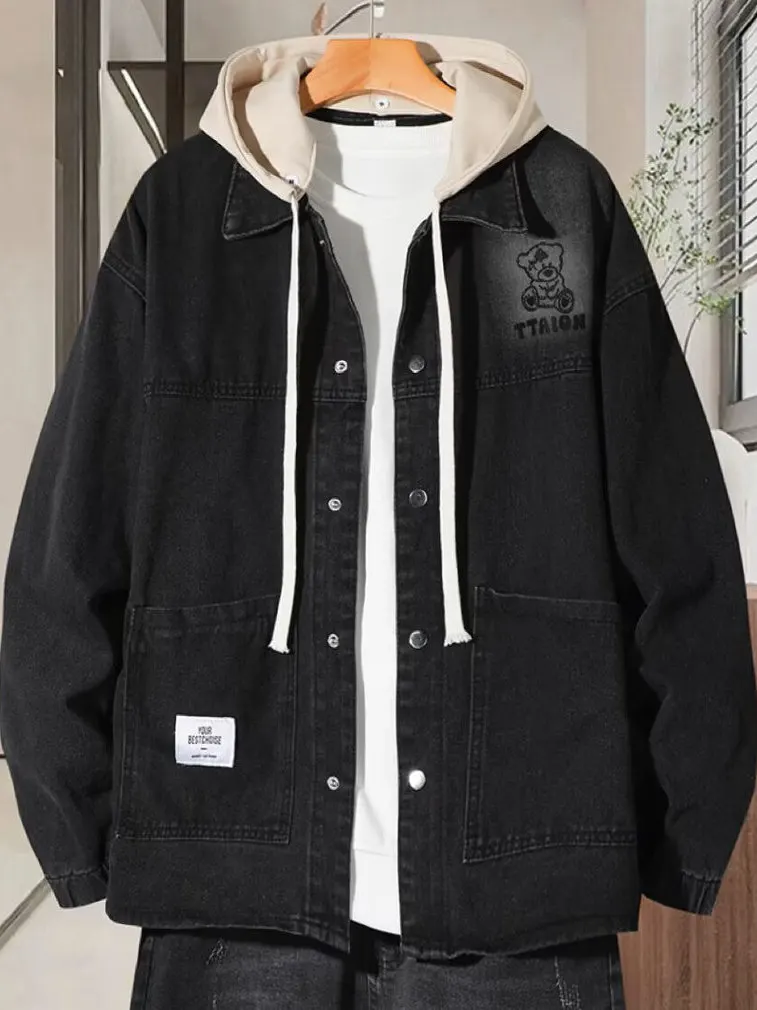

Casual Loose Fit Hooded Denim Jaet for Men Trendy Brand Cartoon Print Long Sve Cotton Polyester Blend Wear Resistant