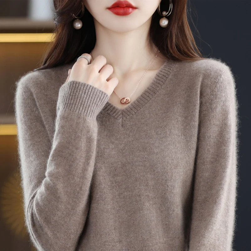 

100% Pure Wool V-Neck Knit Sweater Women's Loose Long Sleeve Cashmere Base Shirt Autumn Winter New Style Korean Commute Style