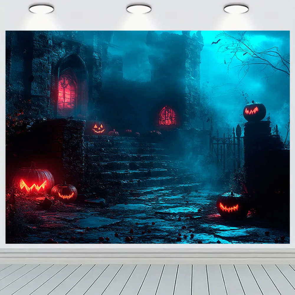 3d Podium Haunted House Halloween Day Background Glowing Steps Spooky Ghost Posters Walls Cobwebs Photography Backdrops GW-03