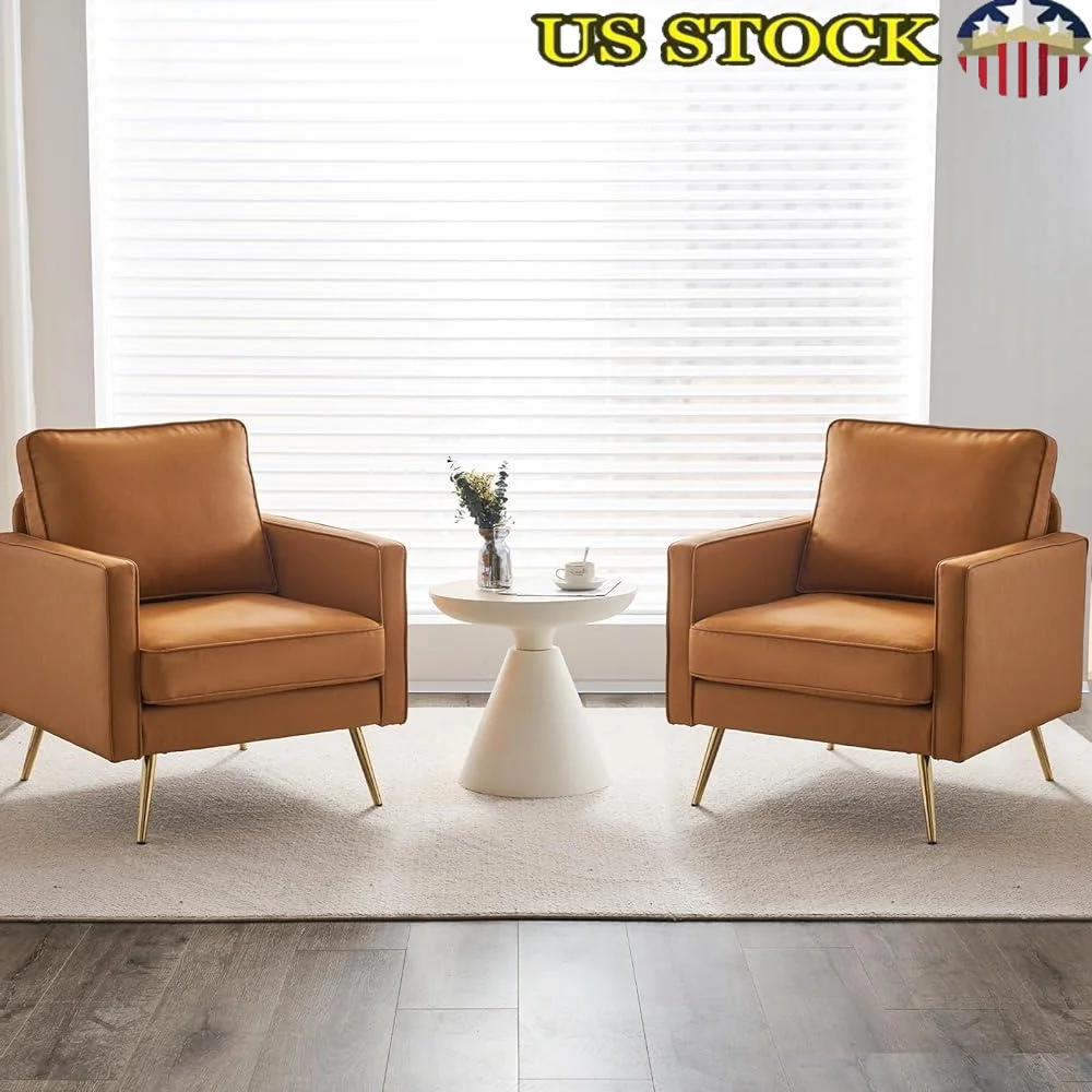 Set of 2 Accent Chairs Mid Century Modern PU Leather Upholstered Armchair Gold Metal Legs Comfortable Living Room Sofa