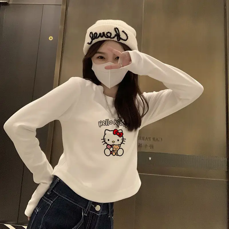 Sanrio HelloKitty Double-Sided GermanVelvet Bottoming Shirt forWomen, Slim-Fitting Long-Sleeved T-Shirt Bottoming and Thickening