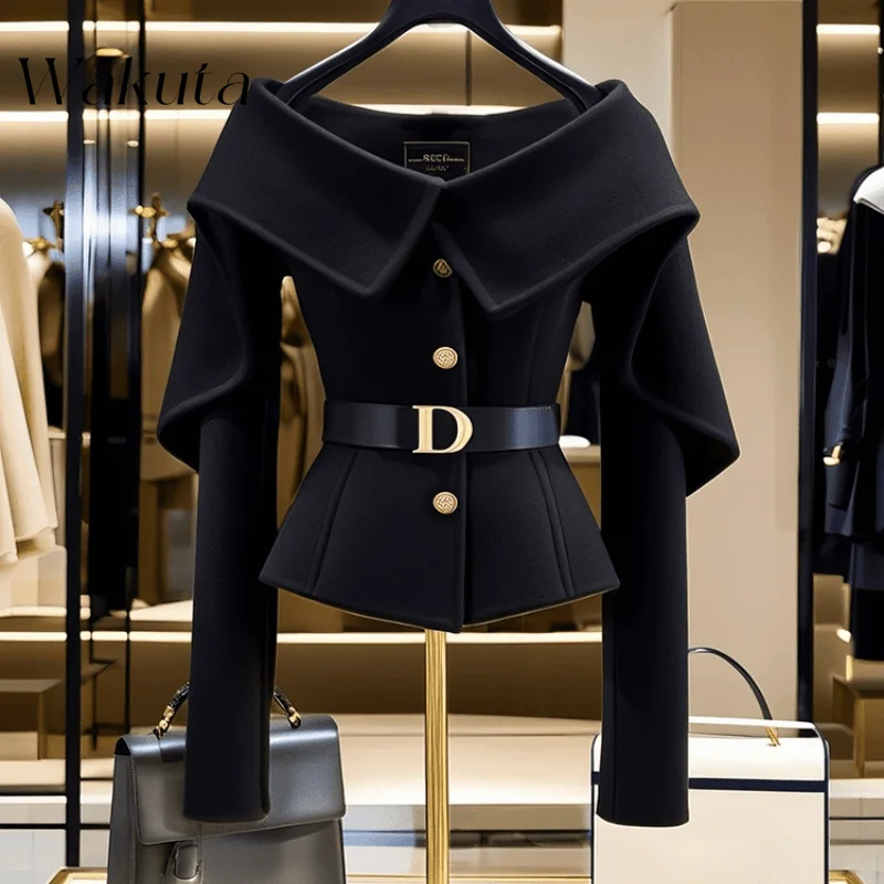 WAKUTA Women Black Long Sleeve Luxury Jacket Spring Autumn Elegant Slim Cardigan Single Breasted Coat Female Pullovers 여성 반팔 니트