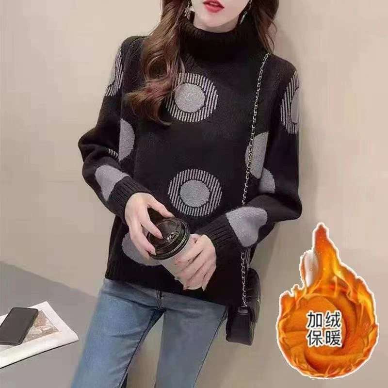 Autumn Winter High Collar Loose Casual Printing Pullover Sweater Ladies Fashion All-match Knitting Top Women Add Plush Jumpers