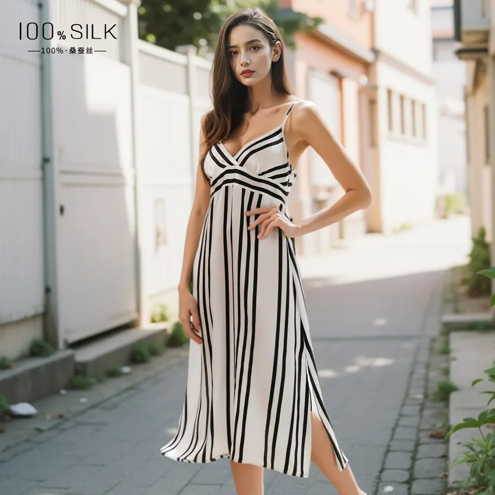 

Mulberry Silk Long Nightgown Black Stripes Maxi Dress Sleepwear Deep V Sexy Lingerie Sling Dresses Slit Robe Elegant Office Lady