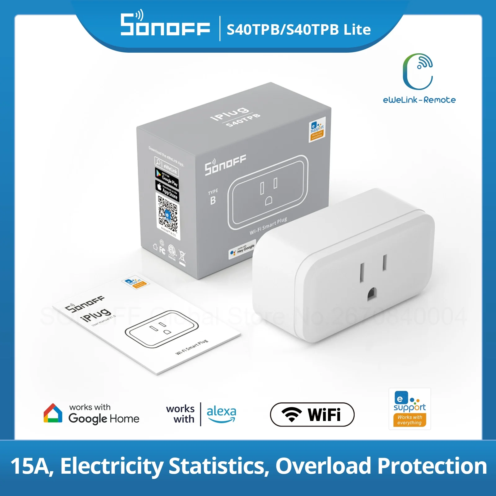 SONOFF S40/ S40 Lite Type B 15A WiFi Smart Plug  MINI Wi-Fi Socket Voice Remote Control via R5 works with Alexa Google eWeLink