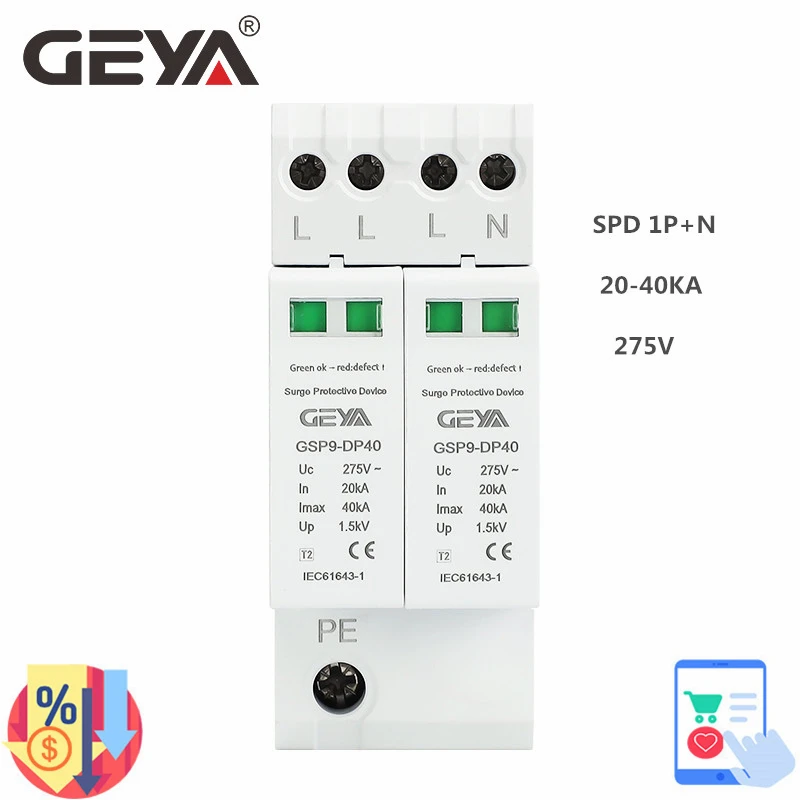 GEYA GSP9-DP40 AC SPD 3P+N 4P 275V 40KA Lightning Protection Surge Protective Device 36mm AC Surge Protector