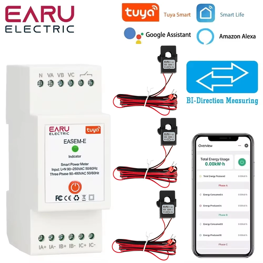 TUYA WiFi Smart Three Phase AC90-480V Bi-Directional Measurement Power Energy kWh Meter Monitor with 3PCS CT Clamps Switch Relay