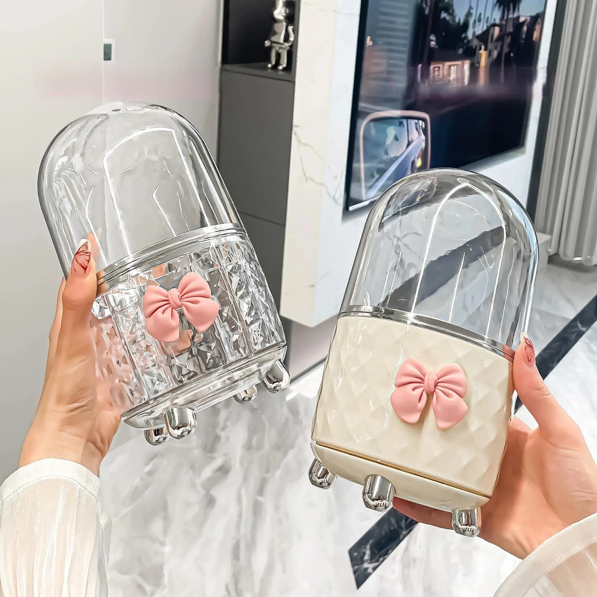 Organisateur de maquillage rotatif avec couvercle, boîte de rangement transparente, support pour pinceaux de maquillage, organisateurs en acrylique pour la salle de bain