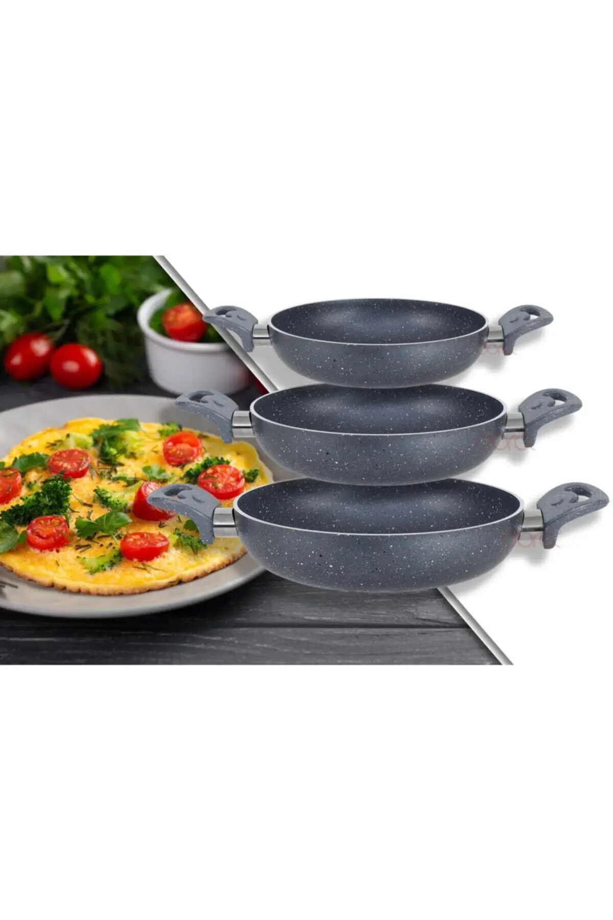 18-20-22cm Double Handle Gray Granite 3 Pcs Omlet/sahan Pan Set