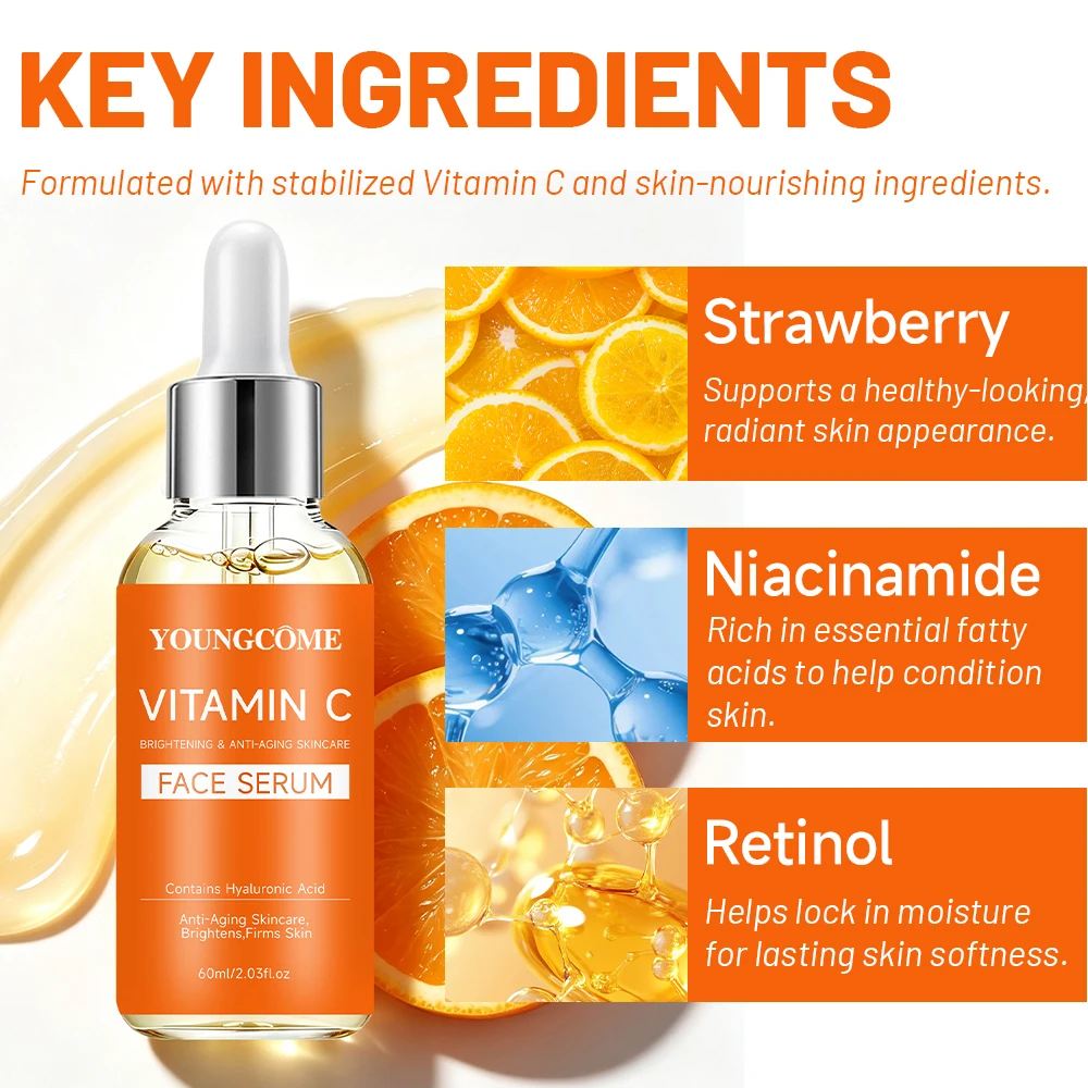 YOUNGCOME Vitamin C Face Serum, Hyaluronic Acid Serum, Hydrating Radiance Facial Essence, Firming Smoothing Nourishing Skin Care