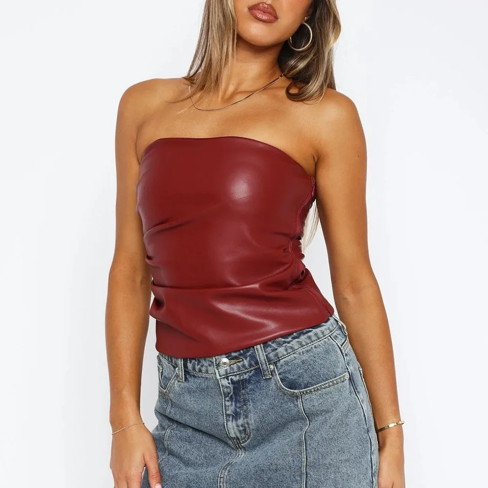 Y2k Women Summer Crop Top Strapless Solid Color Tube Top Faux Leather Black Bustier Ruched Shiny Finish Crop Tops Tank Tanks