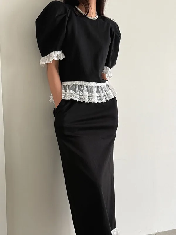 Conjunto de moda coreana para mujer, Top corto con empalme de encaje y manga de burbuja, falda de media longitud adeazante ...