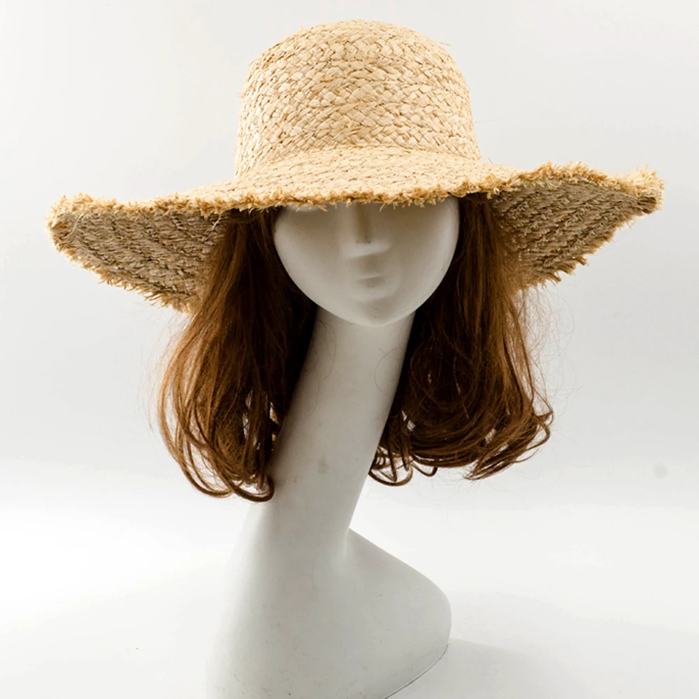 100% Natural Raffia Straw Hand Weaved Summer Hat with Rough Brim Outdoor Straw Hat