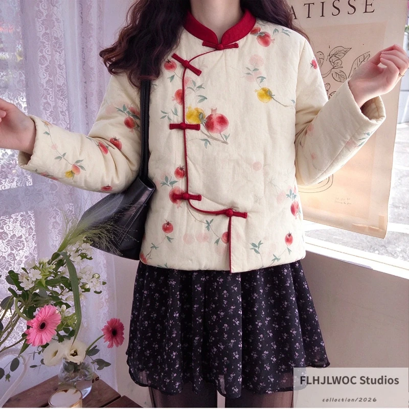 New Year Cute Women Retro Floral Cotton Quilted Jacket New Long Sleeve Casual Loose Winter Warm Padded Coat Outerwear Parkas