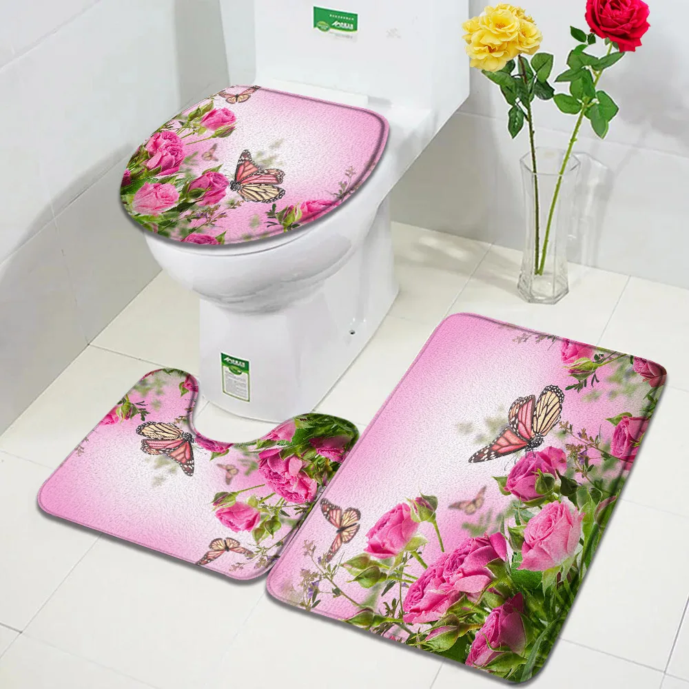 Rustic Butterfly Flowers Bath Mat Set White Orchid Pink Rose Spring Nature Floral Plant Bathroom Decor Non-slip Rug Toilet Cover