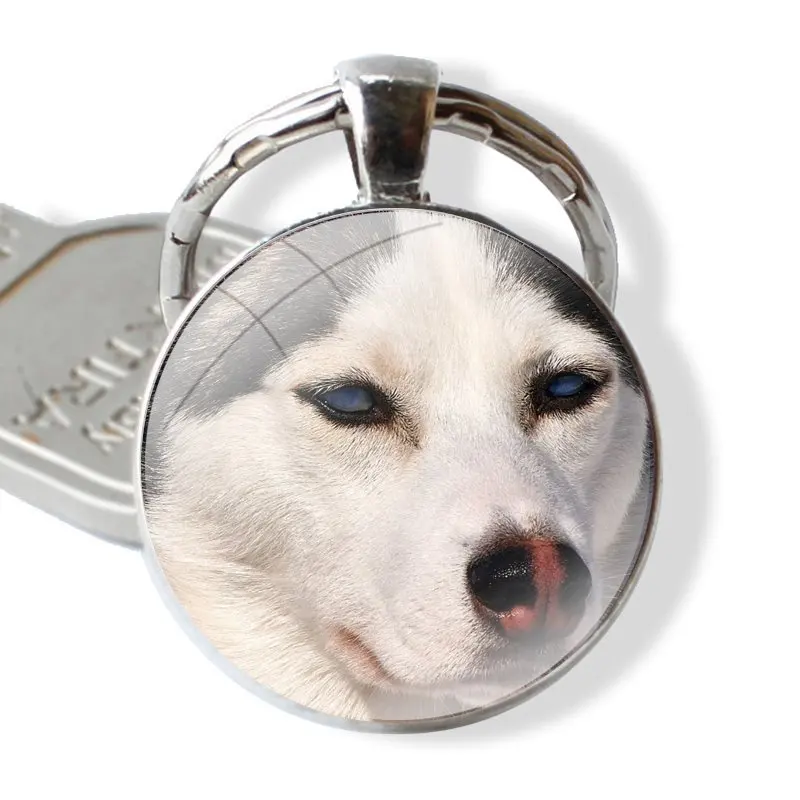 Husky cute Keychain Handmade Glass Cabochon Key Ring Holder Pendant Key Chains