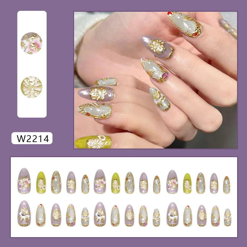 24PCS Irregular Gold Plating Press on Nails Almond False Nails with Vintage Floral Pattern Shimmer Glitter Fake Nails for Women