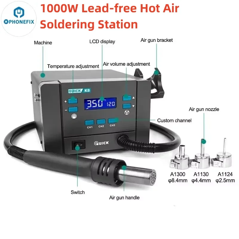 Quick K8 1000W Lead-free Hot Air Soldering Station Three Channel Tin Removal for Phone Motherboard PCB SMD Welding Repair Tool