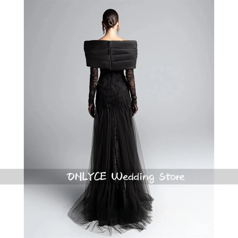 Vestido de noite de tule preto moderno personalizado fora do ombro mangas compridas vestido de baile requintado ocasião especial