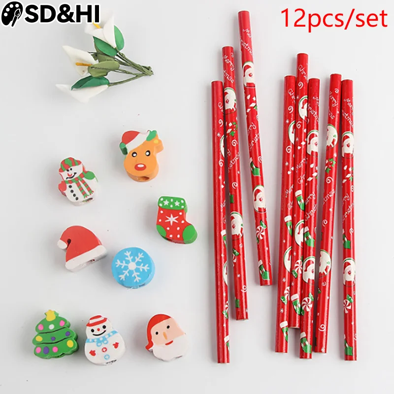 12pcs Christmas Theme Pencils Merry Christmas Pencils Eraser Topper Pencils Christmas Party Favor Wooden Xmas Pencils Random