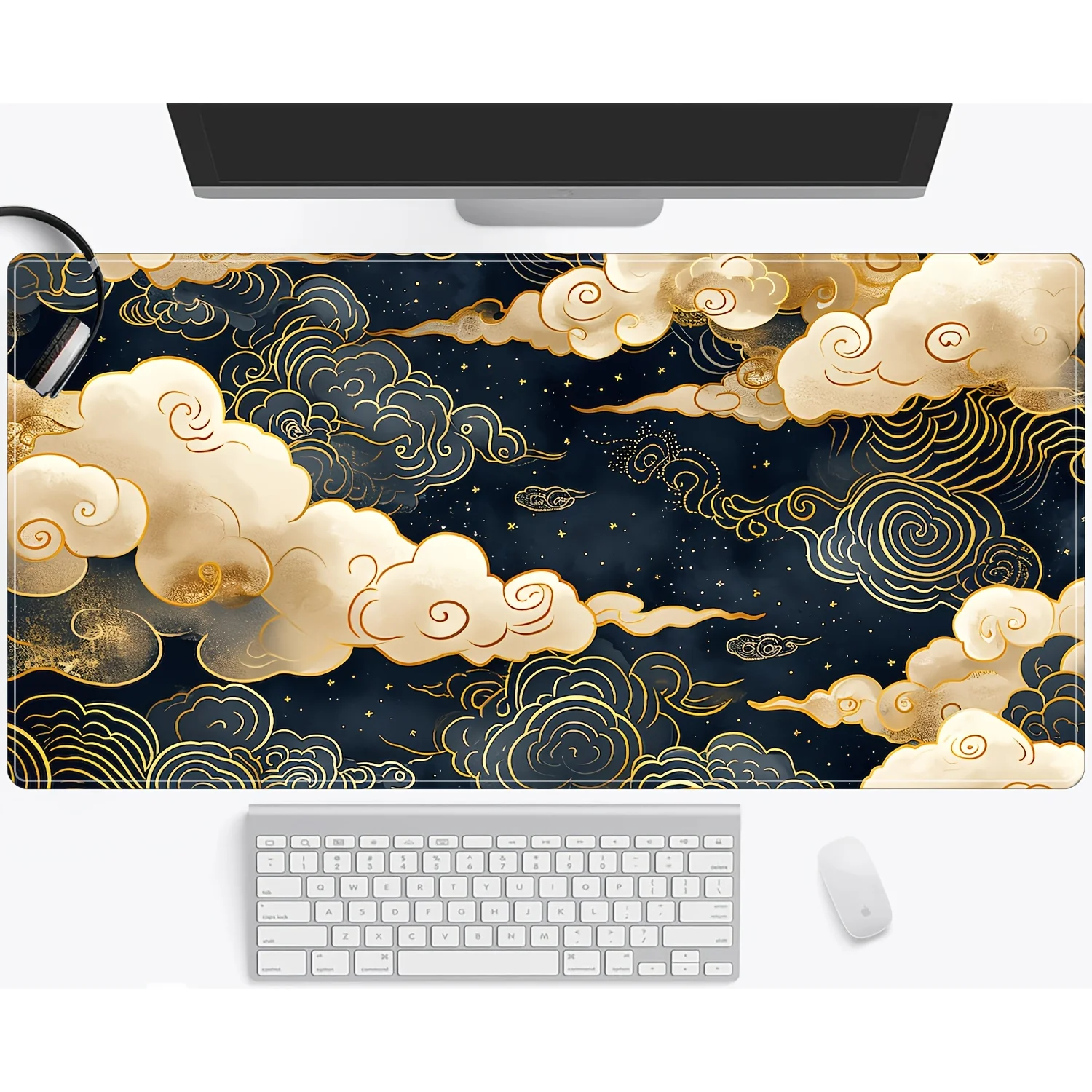 

1pc Auspicious Clouds Waves Large Mouse Pad - Water-Resistant Deskpad Mat with Stitched Edges, Non-Slip Rubber Base, Oblong Shap
