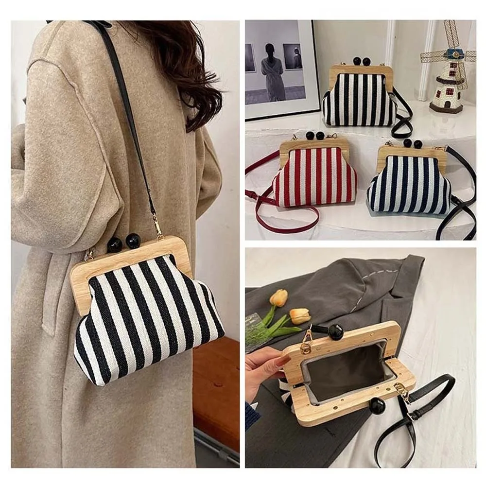 

Striped Design Wooden Frame Bag Double Beads Detachable Strap Kiss Lock Pouch Soft Structure Textured Fabric Canvas Purse